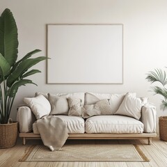 Modern Living Room with Beige Sofa and Plants