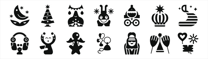 Festive and whimsical black and white icons for design elements.