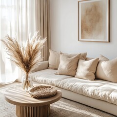 Modern Living Room with Beige Sofa and Pampas Grass