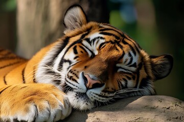 Obraz premium Resting Tiger Portrait Shows Orange And Black Striped Fur Resting On Rock