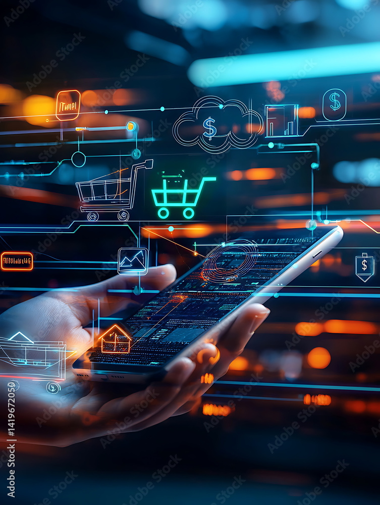 Poster e-commerce mobile app usage digital marketplace graphic content high-tech environment close-up view 