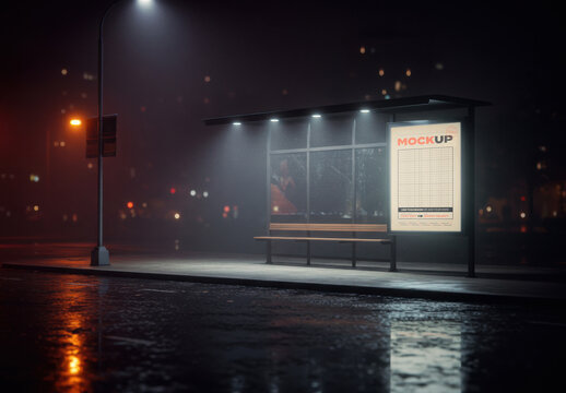 Vertical Billboard Illuminated at Night on Bus Stop Mockup