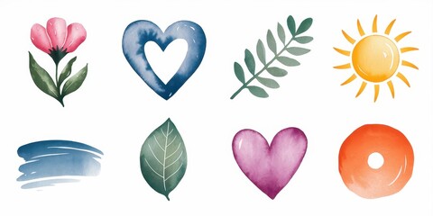 Watercolor floral and natural elements design set.