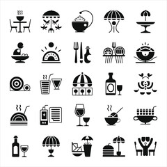 Set of Black and White Outdoor Cafe Icons/A collection of simple, black and white icons depicting outdoor cafe and restaurant elements.