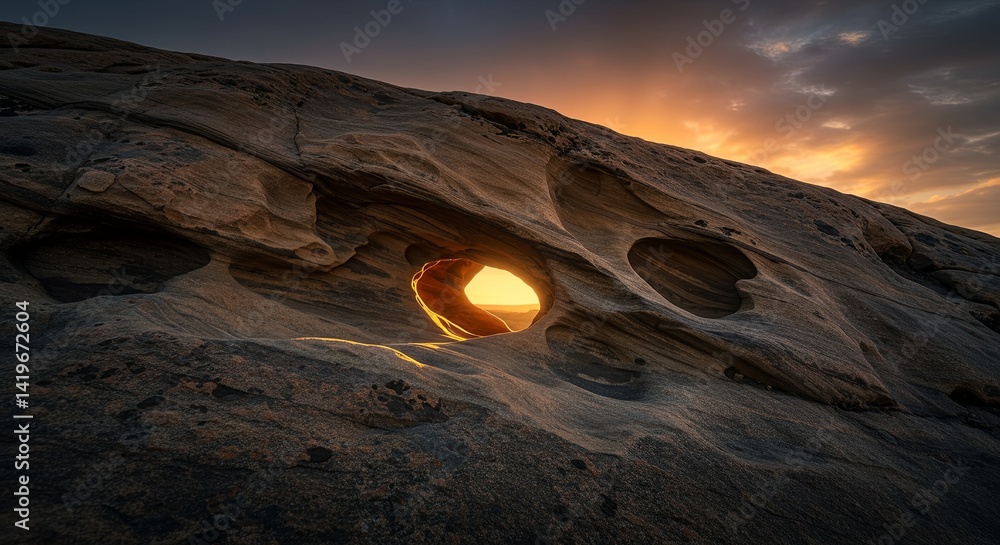 Poster A large rock with a hole in it and a sun setting in the background