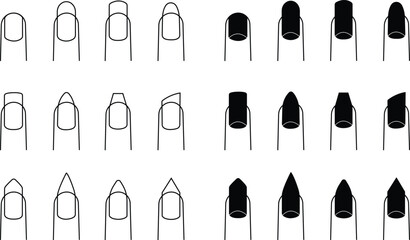 Shape nail icon set. Finger vector collection isolated on transparent background. Fashion nails type trends. Beauty spa salon woman fingernails manicure. False nail polish design mockup templates