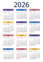 Calendar 2026 English color calendar design. Week starts on Sunday.