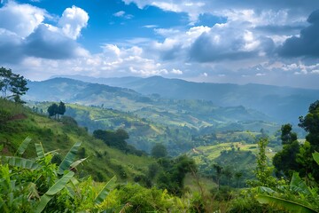 Fototapeta premium Rolling Green Hills And Valleys Under A Cloudy Blue Sky With Sunlight