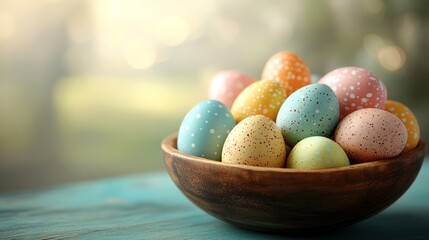 Colorful Easter Eggs in Wooden Bowl with Soft Focus Background
