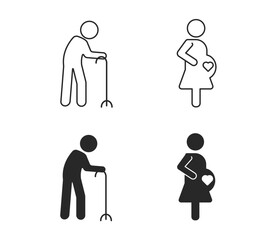 This icon set depicts an elderly person with a cane and a pregnant person with a heart on their belly, shown in both outline and solid styles.