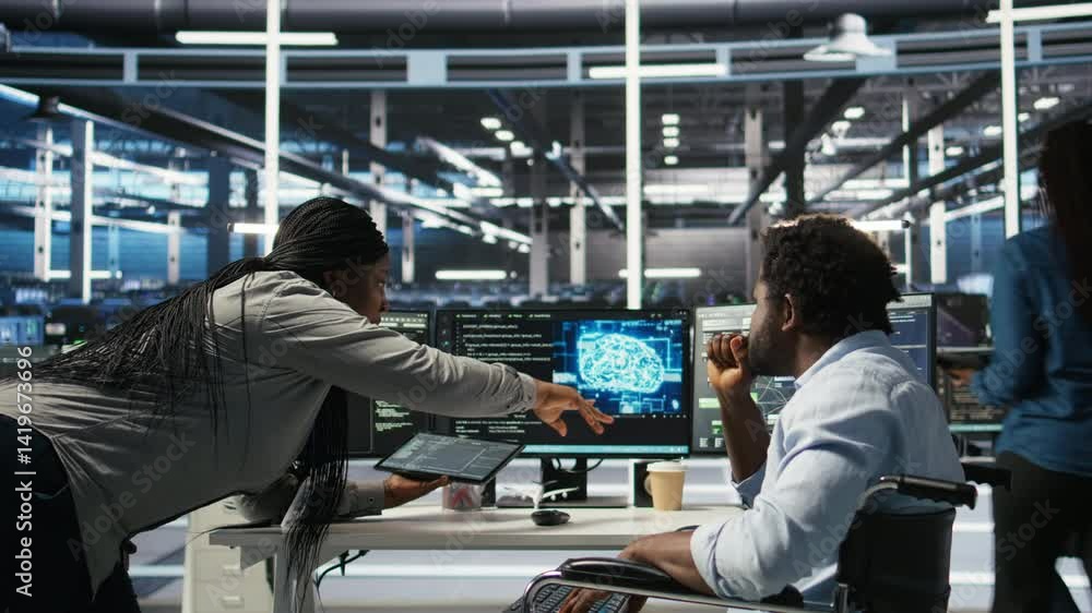 Poster admin in wheelchair and data center coworker working together using ai node tree software to minimiz