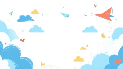 Colorful paper airplanes in a cloud filled sky.  Perfect for children's books, cards, or invitations