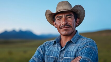 Smiling farmer stretches out his hands amidst green mountains
