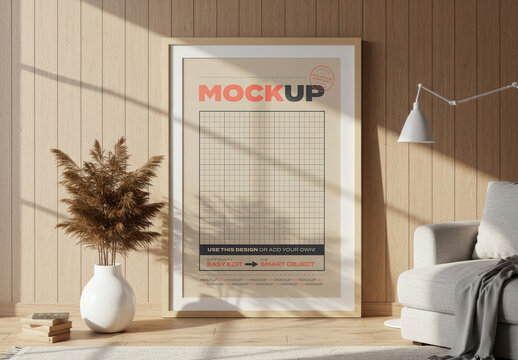 Vertical Poster Frame Mockup on Woody Style Living Room