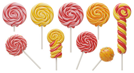 A vibrant collection of colorful lollipops arranged artistically on a white background, perfect for candy-themed designs