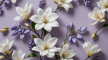 Elegant floral arrangement with white and pink lilies on a soft purple background. Serene, botanical design with copy space.