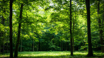 Lush Green Forest Canopy With Sunlight Filtering Through Trees