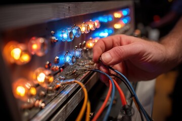 AV Technician Connecting Colorful Wires in Action