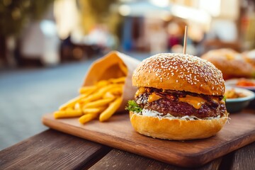Delicious burger with fries on a wooden table.