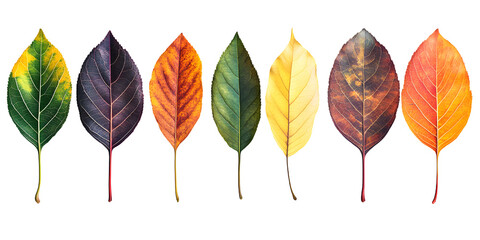 Obraz premium A vibrant display of autumn leaves showcasing a gradient of colors from green to deep orange against a white background