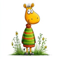 Playful Cartoon Giraffe in Striped Sweater, Grassy Field with Yellow Flowers