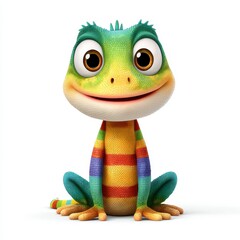 Playful Cartoon Lizard with Rainbow Stripes on White Background