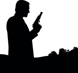 Silhouette of Caucasian Man in Suit Holding a Gun on Outdoor Landscape, Black and White