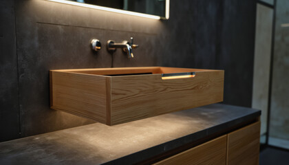 Modern interior design architecture photography: A modern bathroom showcases a floating wooden sink and dark gray wall tiles, illuminated by accent lighting to create a minimalist and luxurious atmo