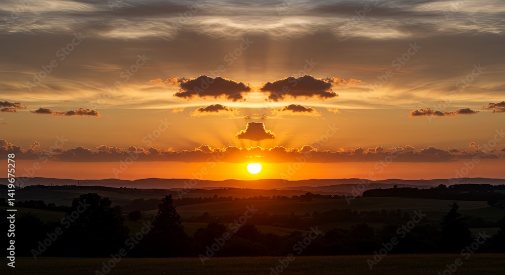 Poster the sun is setting over a field of trees, casting a warm glow over the landscape