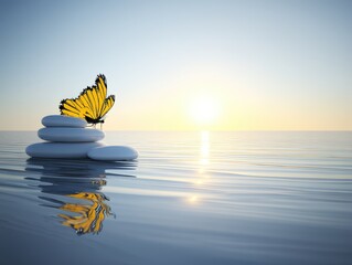 A vibrant butterfly rests atop a balanced stack of white stones, reflected in calm, blue water under a soft, hazy sky. Peaceful and serene