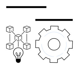 Obraz premium Light bulb with connected blocks illustrating innovation and blockchain, next to a gear for systems and solutions. Ideal for technology, innovation, blockchain, process, ideas, networking, simple