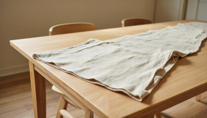Modern interior design architecture photography: A light-colored linen runner drapes casually across a wooden dining table, set against a minimalist interior with wooden chairs.