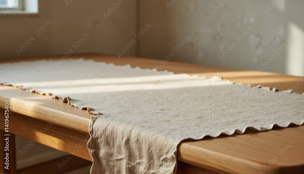 Poster modern interior design architecture photography: sunlight streams across a wooden table draped with 