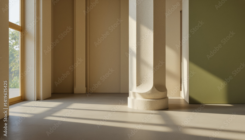 Poster modern interior design architecture photography: sunlight streams into an empty, classical room, ill