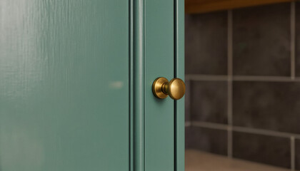 Obraz premium Modern interior design architecture photography: A partially open cabinet door painted a muted teal showcases brass hardware against a backdrop of dark grey tile.