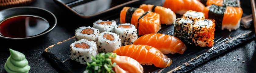 Delicious sushi assortment on a black plate.
