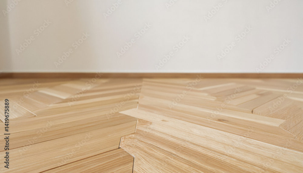 Poster modern interior design architecture photography: a close-up view showcases a light-toned wooden floo