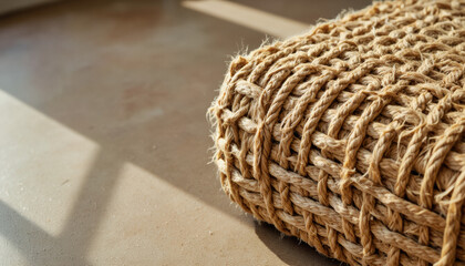 Obraz premium Modern interior design architecture photography: Sunlight illuminates a woven jute ottoman resting on a polished concrete floor, showcasing its textured surface and natural color.