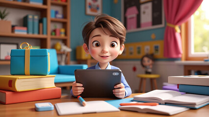 A child exploring education through a tablet in a colorful study area.