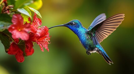 Vibrant hummingbird feeding on a red flower.