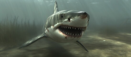 Great White Shark Swimming Underwater with Open Jaws Approaching Viewer