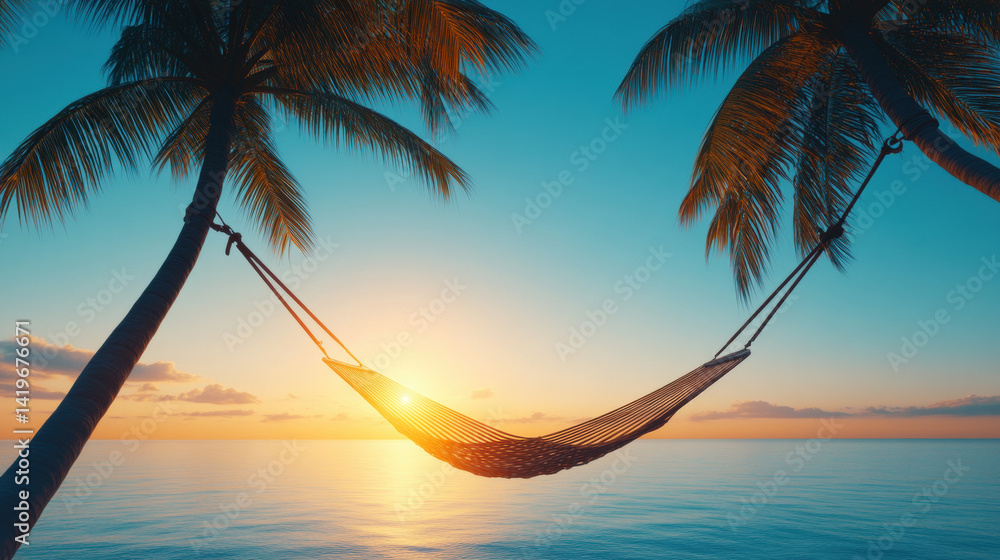 Poster sunset scene with hammock between palm trees over calm ocean waters.