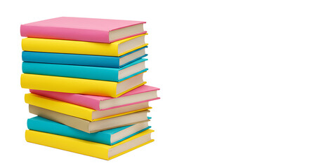 Stack of colorful books with pink yellow and blue covers against a black background on the left side
