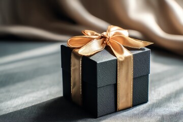 Elegant black gift box with golden ribbon.