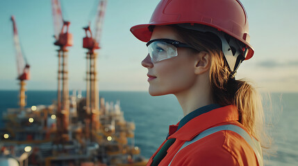 A female offshore worker testing the integrity of pipes. Featuring mechanical expertise and attention to detail