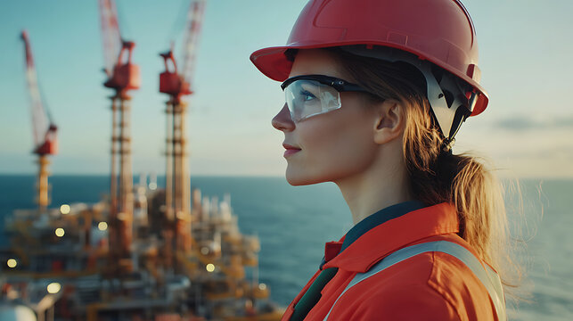 A female offshore worker testing the integrity of pipes. Featuring mechanical expertise and attention to detail