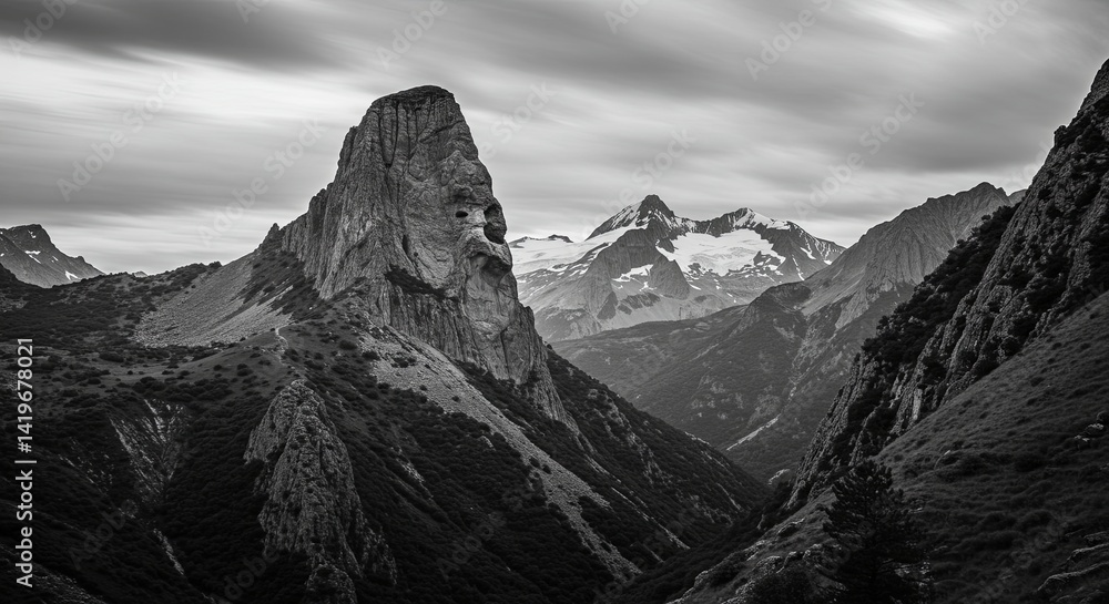 Poster a mountain range with a large rock in the foreground