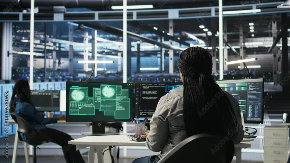 Aufkleber server farm engineering team collaborating to protect against data theft during cyberattack. data ce