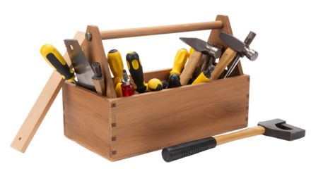 A wooden toolbox filled with various tools including hammers, screwdrivers, and pliers, set against a neutral background