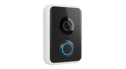 Obraz premium Close up shot of a white and black video doorbell with a blue light on a black background space perfectly